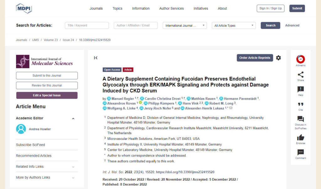 A Dietary Supplement Containing Fucoidan Preserves Endothelial Glycocalyx through ERK/MAPK Signaling and Protects against Damage Induced by CKD Serum